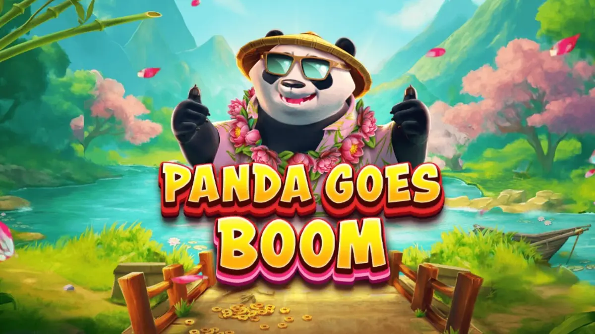 Panda Goes Boom slot game screen with bamboo theme