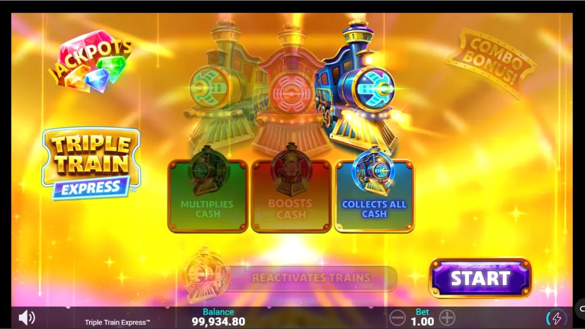 Tampilan visual futuristik slot Triple Train Express dengan tema neon dan kereta cepat
